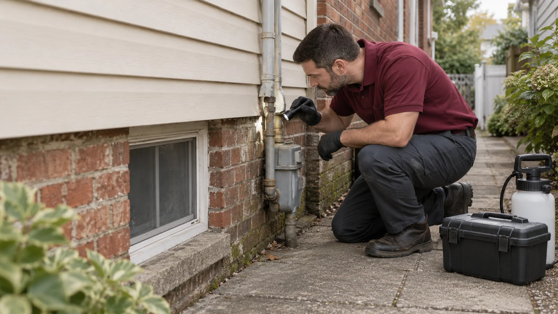 Illustrative pest-control technician examining a pipe opening at a house foundation