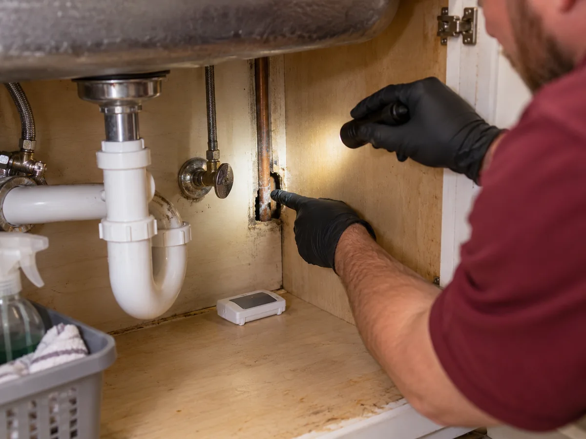 Illustrative pest inspection checking an opening around a pipe beneath a kitchen sink